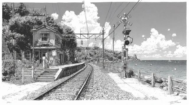 Kamakura Train Crossing Illustration: Sea, Train, Hand-drawn
