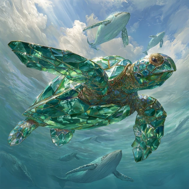 Emerald Turtle Swimming with Whales Realistic Dreamy
