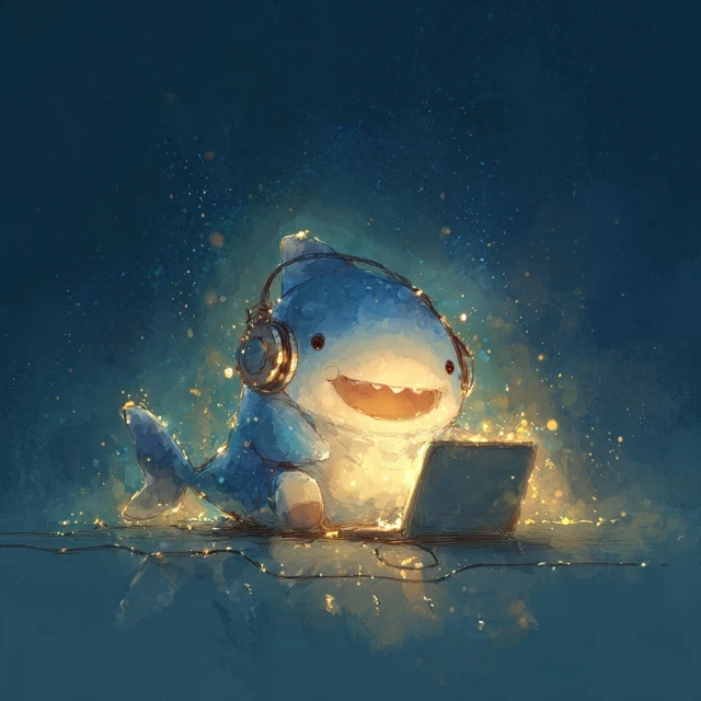 Cute Shark with Headphones at Computer at Night
