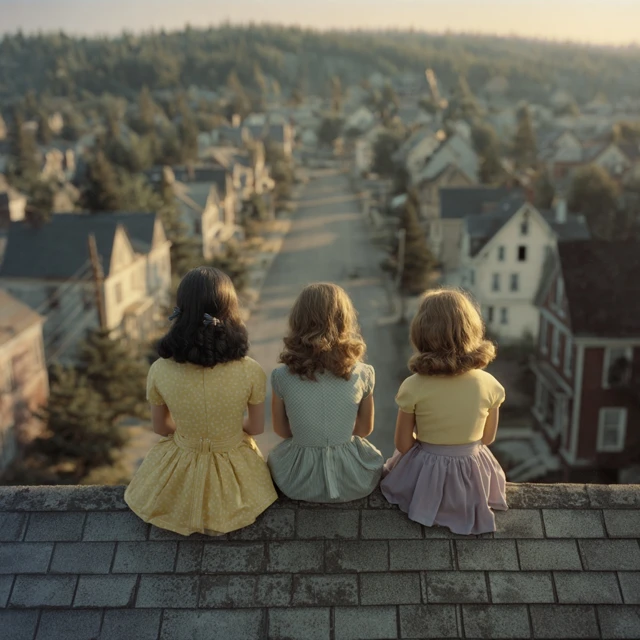 1940s Girls on a Rooftop Overlooking Town