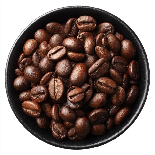 Coffee Beans in Black Bowl Isolated on White