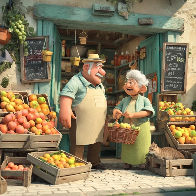 Cartoon Fruit Stand Scene Man and Woman