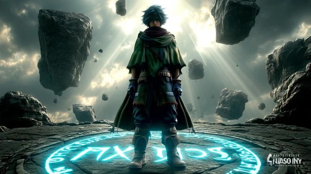 Anime Warrior with Blue Magic and Floating Rocks