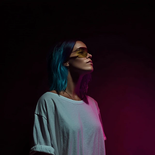 Confident Woman with Blue Hair and AR Glasses Portrait