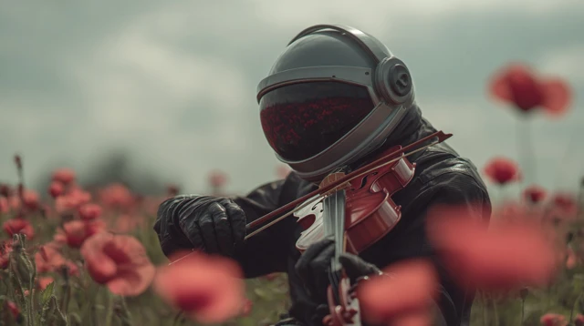 Astronaut Plays Violin in Poppy Field Cinematic