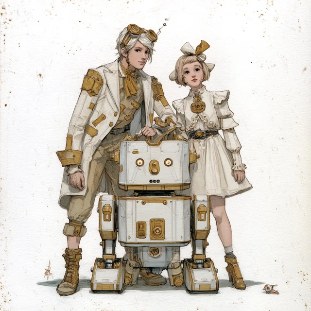 Steampunk Siblings and Robot Companion Watercolor Art