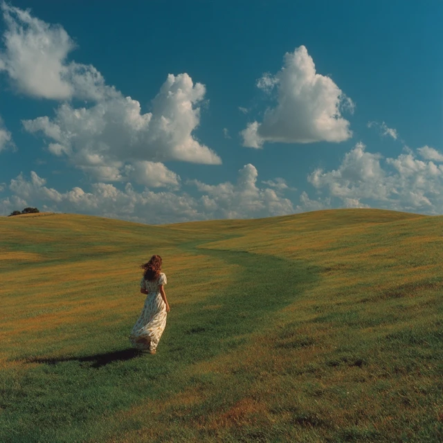Girl Running Through the Meadow Landscape