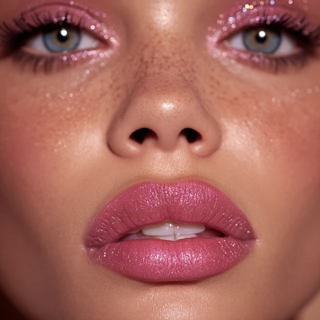 Beautiful Face Model Portrait with Pink Sparkly Makeup