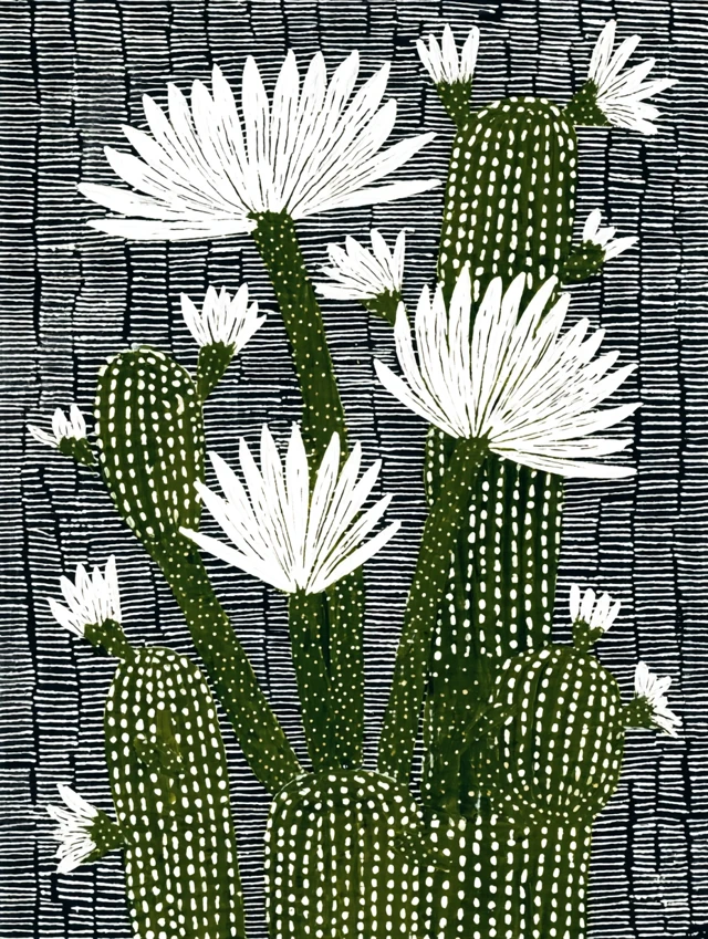 Cactus with White Flowers Naive Art