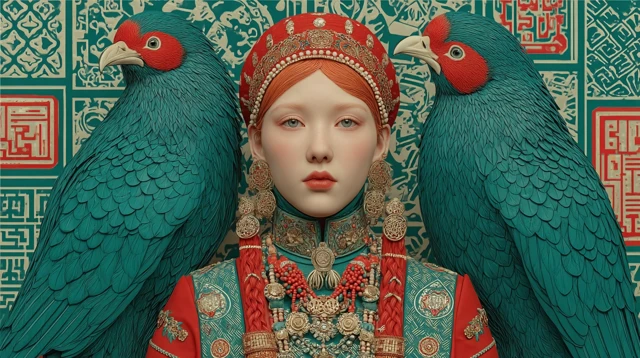 Red-haired Girl and Birds in Ancient China, McQueen Style