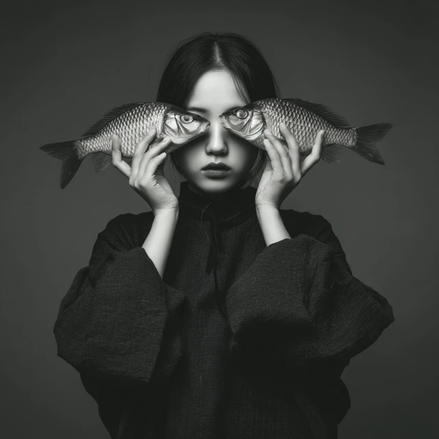 Surreal Black and White Portrait Fish Eyes