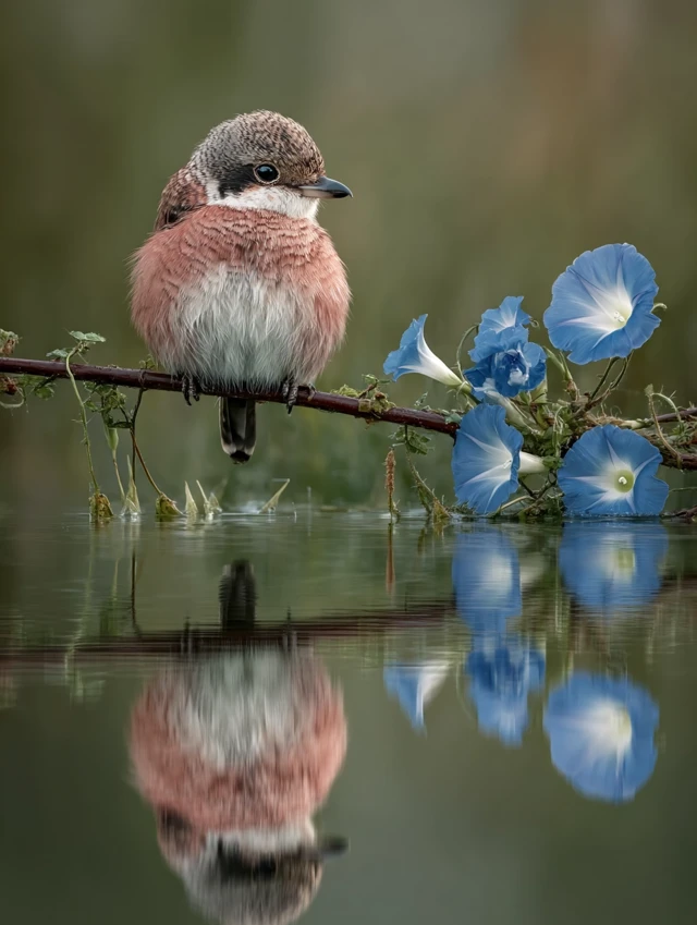 Birds on Branch with Blue Flowers Painting