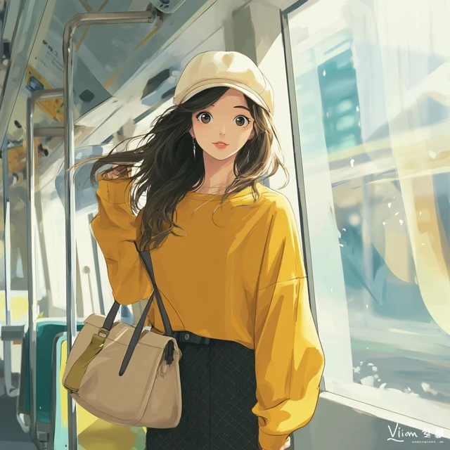 Young Woman on a Bus Anime Illustration