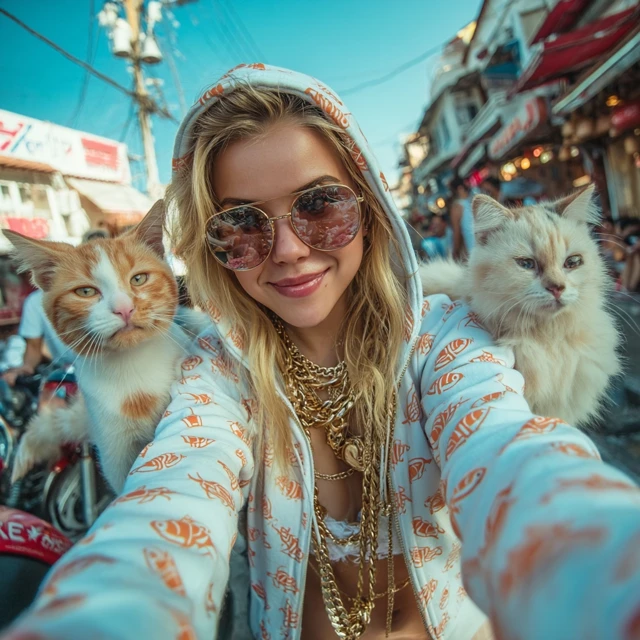 Cats and Woman on a Motorbike Photorealistic Image