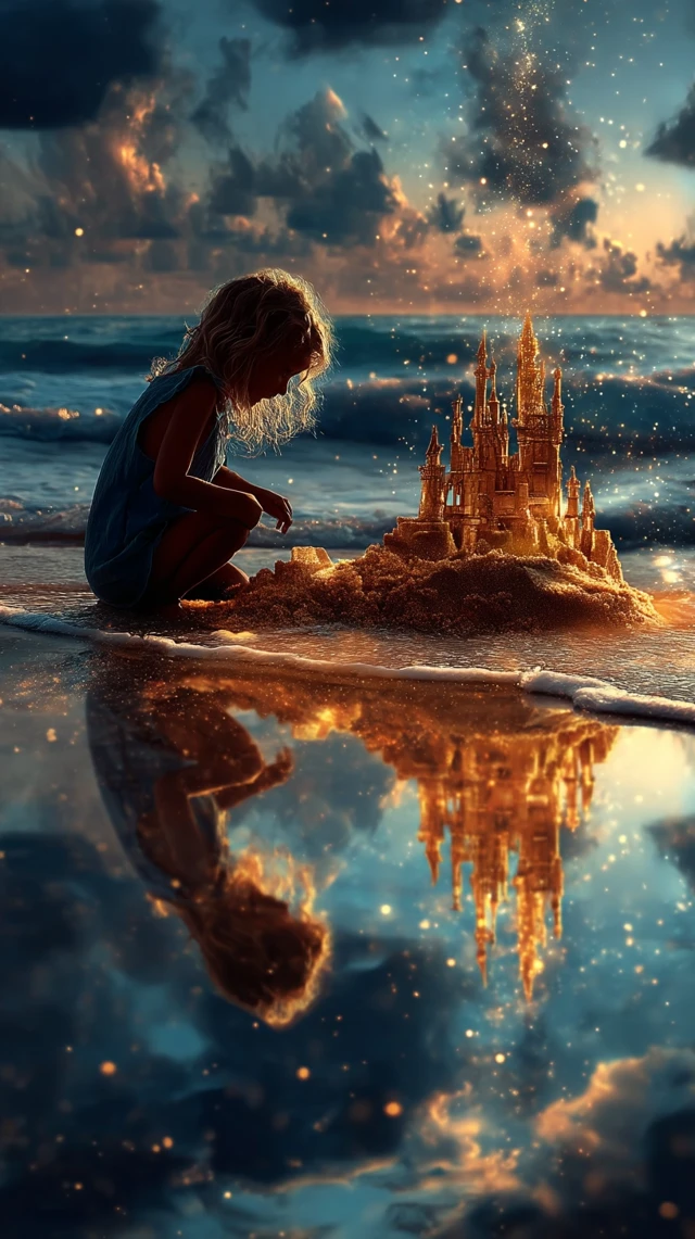 Magical Beach Golden Hour Sandcastle Fantasy