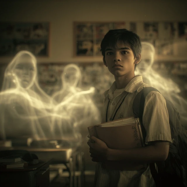 Scared Filipino Student In Haunted Classroom