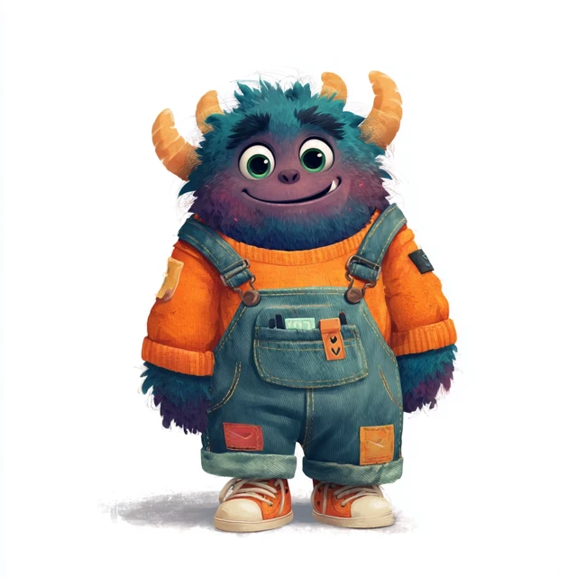 Cute Cartoon Monster in Overalls Smiling and Friendly