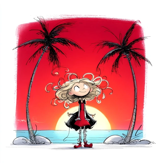 Sunset Beach Scene with Palm Trees and a Girl