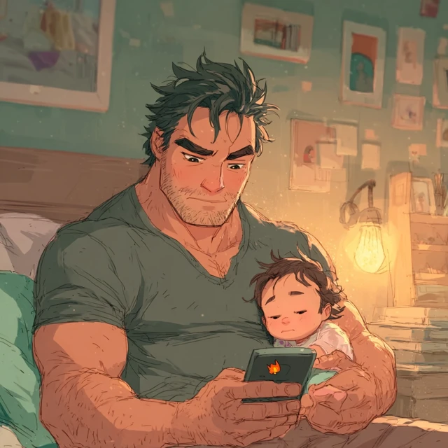Strong Dad and Baby Cute Cartoon Illustration