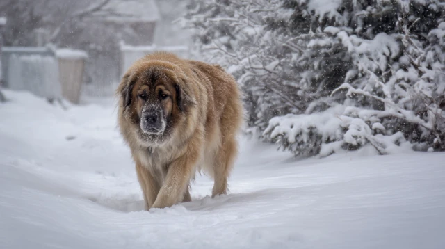 Dog Walking in Snow Winter Scene