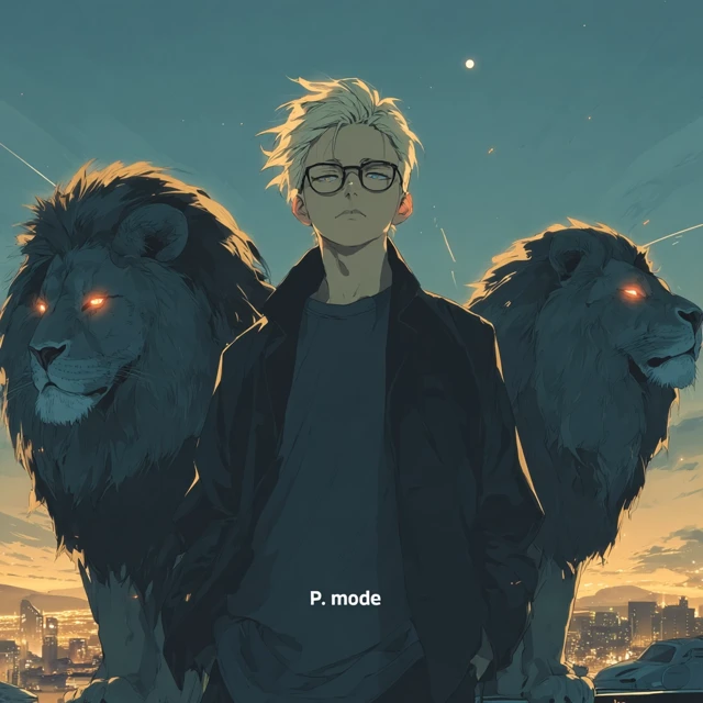Young Man With Lions And Cityscape Photo
