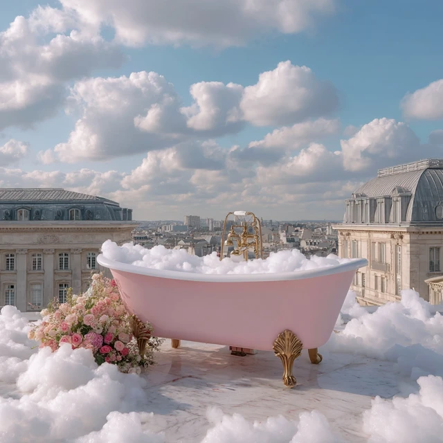 Pink Marble Bathtub in Paris Rooftop Garden