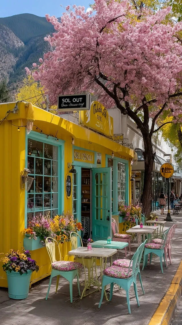 Yellow Cafe with Cherry Blossoms and Mountain View