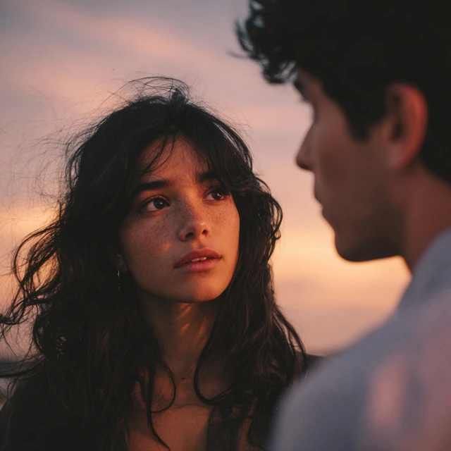 Romantic Sunset Encounter Young Woman and Man