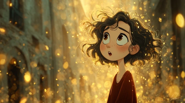Cartoon Girl with Golden Light Particles in Antique Style