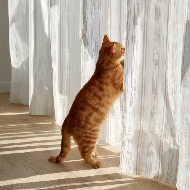 Orange Cat Playing with Curtains