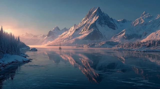 Mountain Lake Sunrise Scenery with Snow Covered Peaks