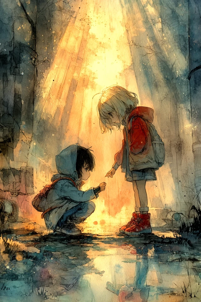 Anime Illustration Girl Helping Boy in Misty Forest
