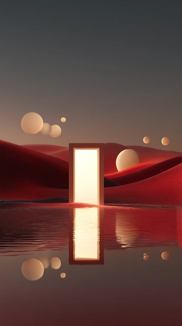 Abstract Desert Landscape with Glowing Door and Spheres