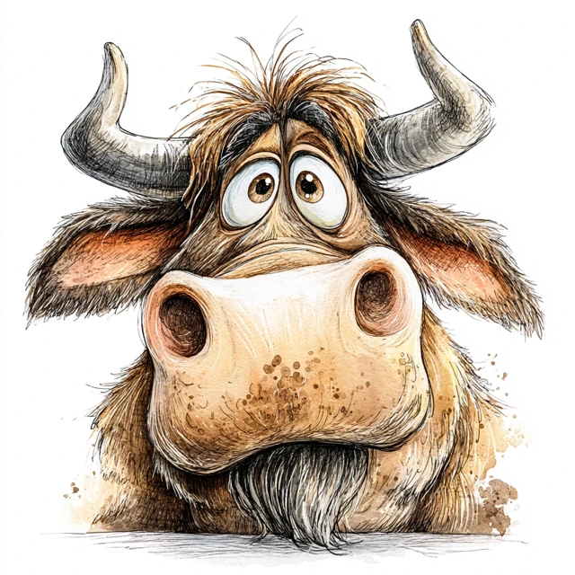 Cartoon Ox Watercolor Painting With Big Eyes