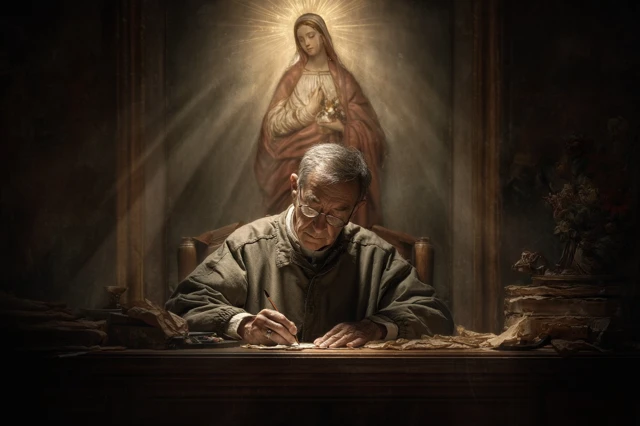 Man Writing with Our Lady Above Photo Realistic