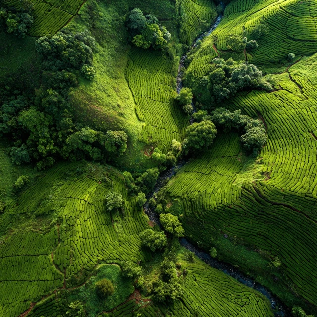 Aerial View of a Lush Green Tea Plantation