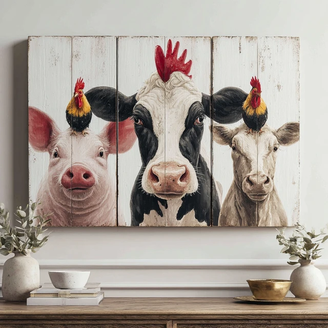 Cute Farm Animals Wall Art Pig Cow Rooster