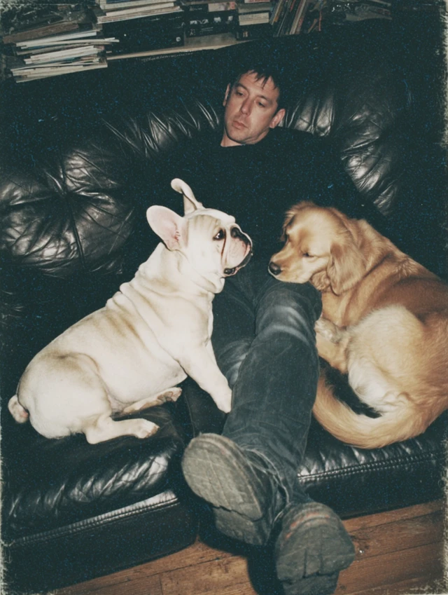 Man Relaxing on Couch with Dogs Vintage Photo