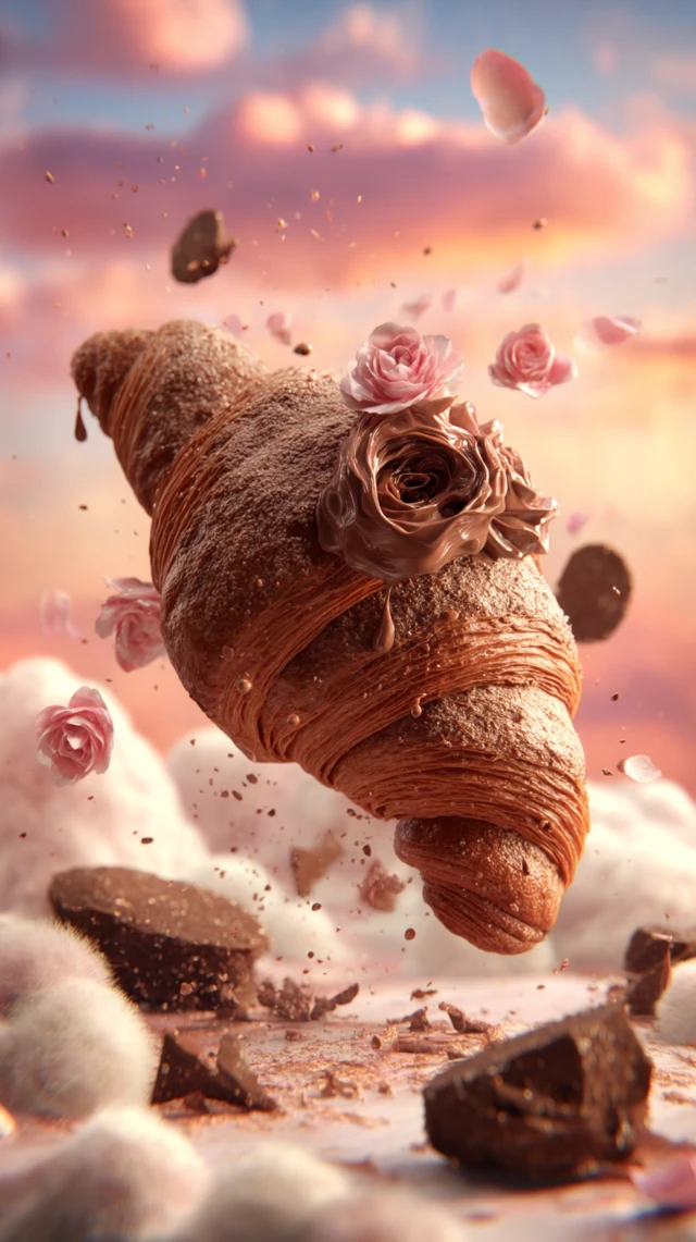 Magical Croissant Art: Roses, Chocolate, and Clouds