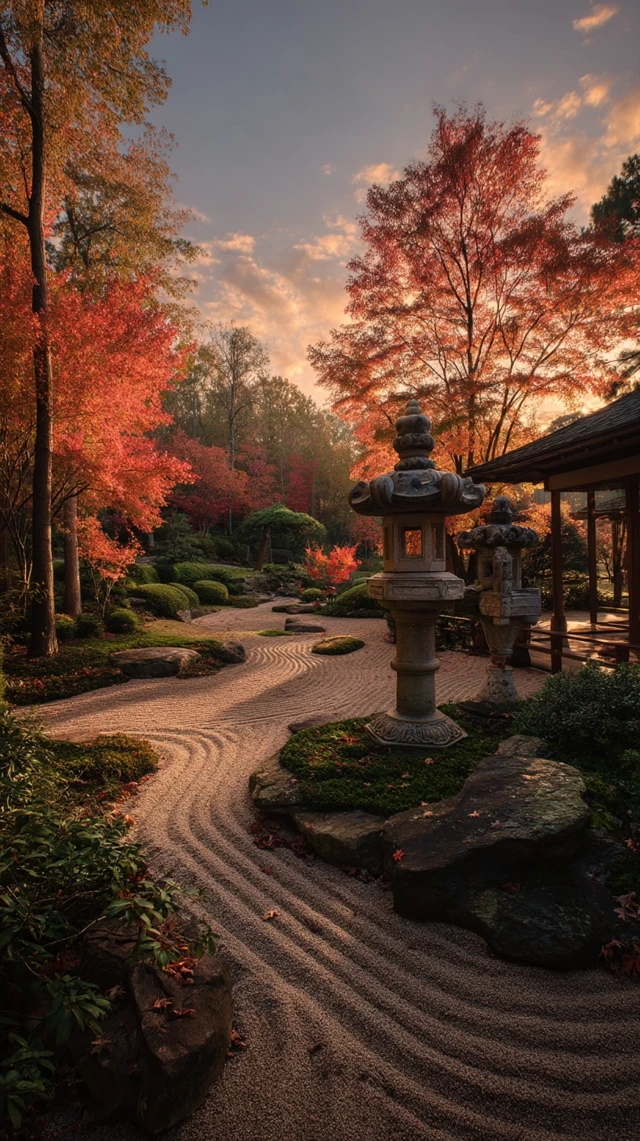 Zen Garden in Autumn: Stone Lanterns and Maple Trees