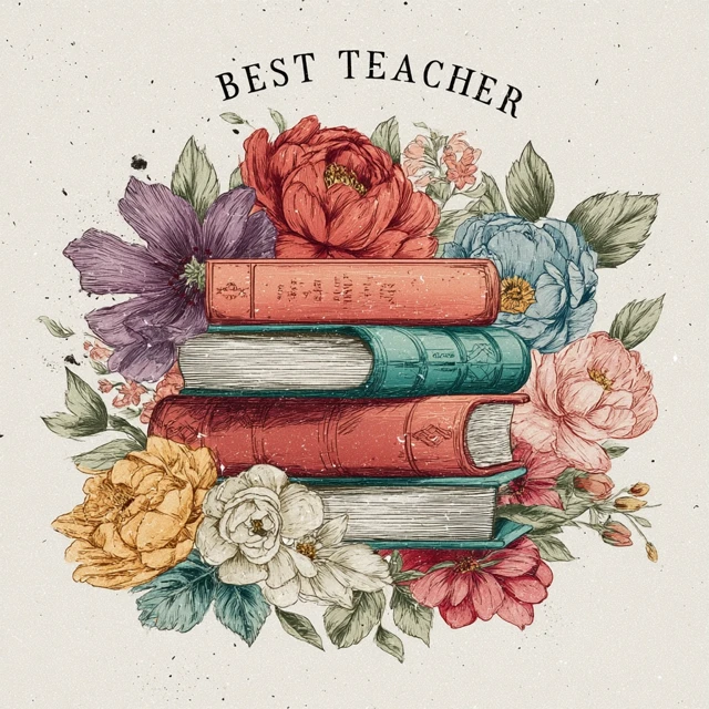 Best Teacher Vintage Books and Flowers Illustration