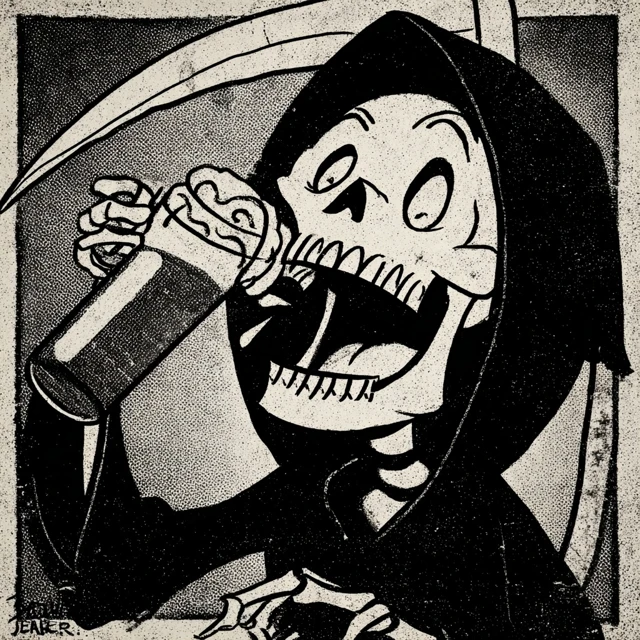 Happy Grim Reaper Drinking Beer Cartoon Illustration