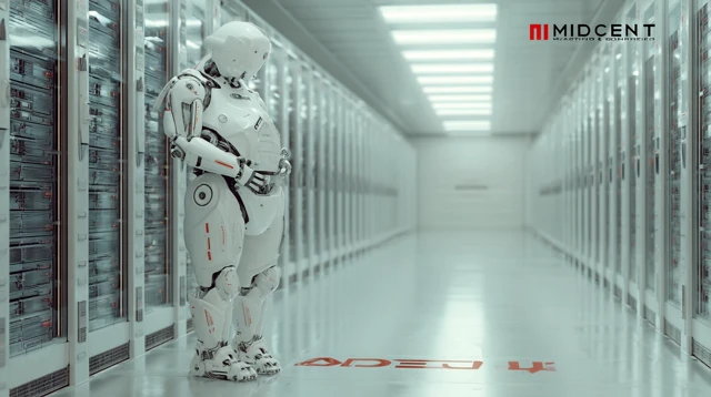 AI Android Journalist in Futuristic Server Room