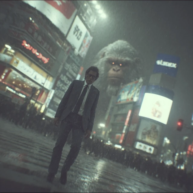 Shibuya Crossing at Night Man and Monkey Bodyguard