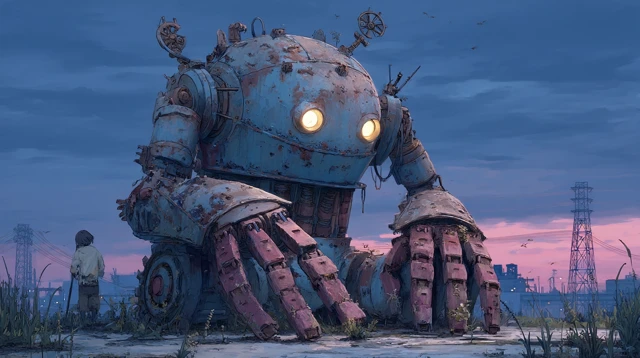 Melancholic Steampunk Golem in a Desolate Wasteland