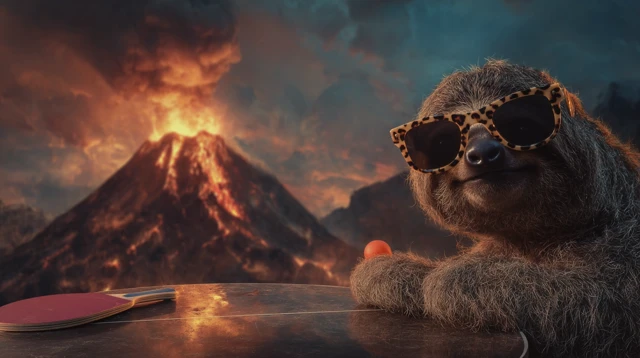 Sloth Playing Ping Pong on a Volcano