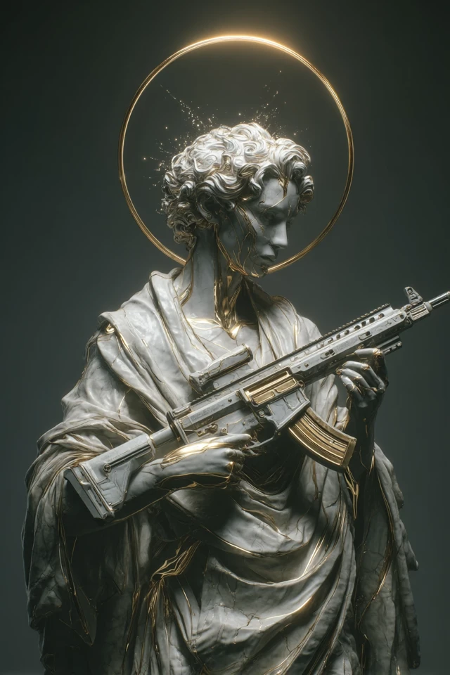 Marble Statue with Halo and Futuristic Rifle 3D