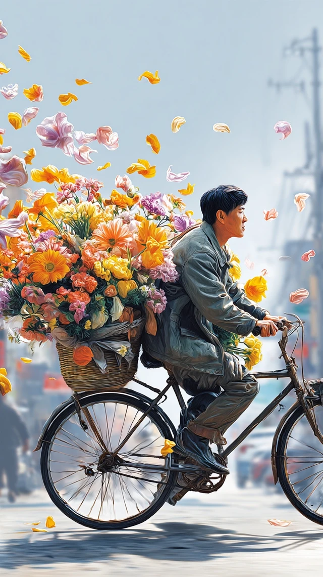 Korean Flower Delivery Bicycle Ride Cinematic Photo