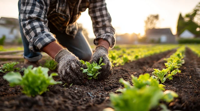 Farmer Planting Greens Sustainable Agriculture