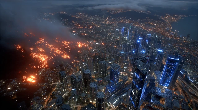 Aerial Cityscape Contrasting Heat and Coolness